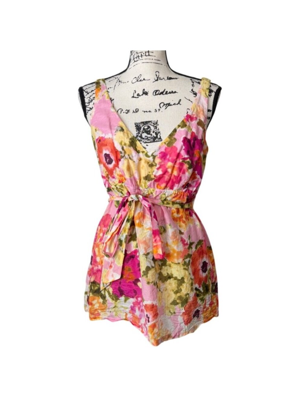 Tommy Bahama Women Sz S Top Sleeveless Vibrant Pink Floral Tie-Waist Silk Cotton